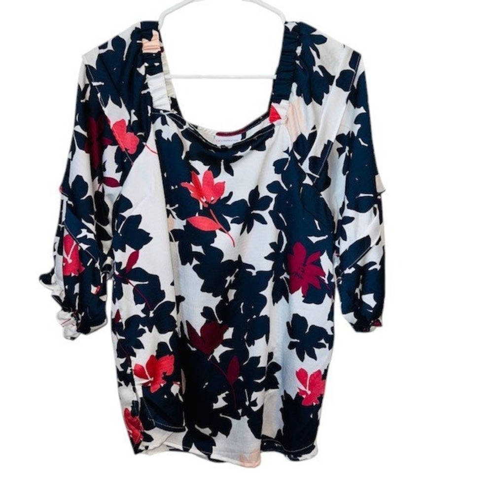 Liz Claiborne Floral Blouse Square Neck 3/4 Sleeve Top White Blue Red M‎